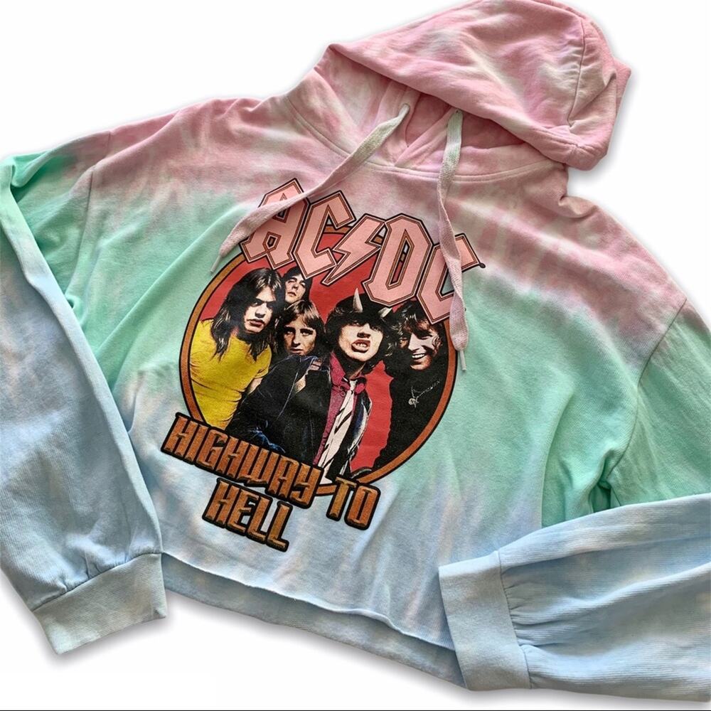 AC/DC Tie Dye Graphic Raw Hemline Cropped Hoodie Sweater Size XL Streetwear